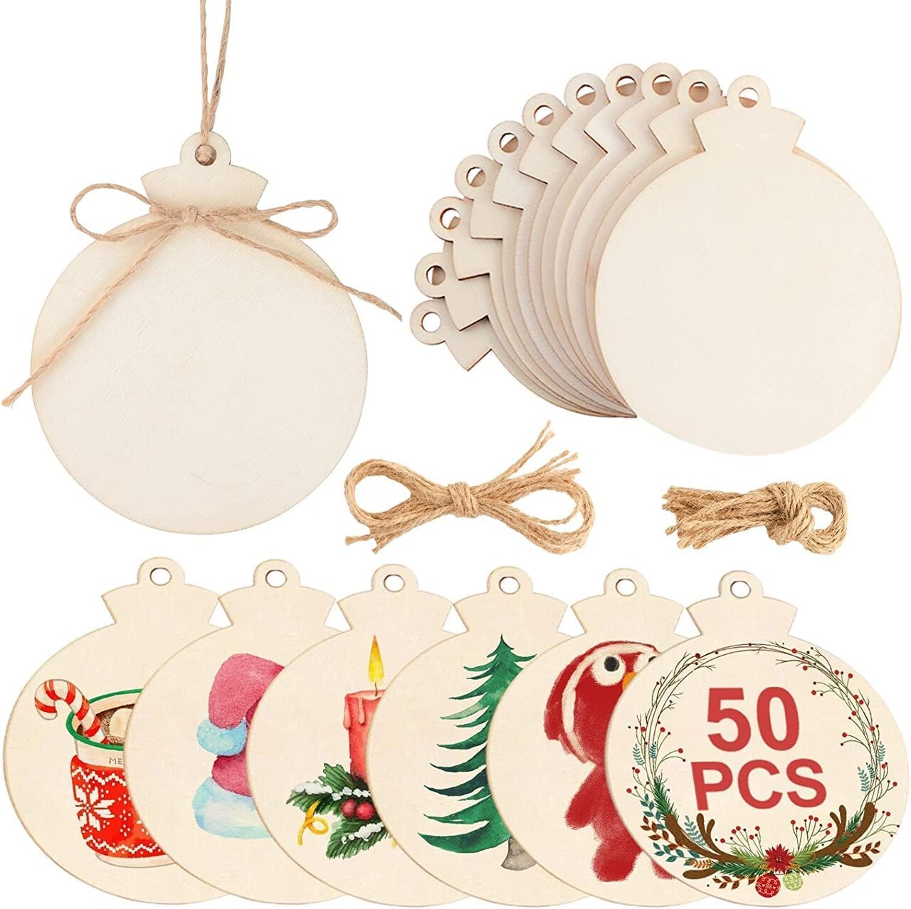 50pcs Round Christmas Wooden Ornaments for Crafts, 4" Unfinished Wood Ornaments Blank Predrilled Natural Wood Slices, DIY Christmas Tree Ornaments Hanging Decorations